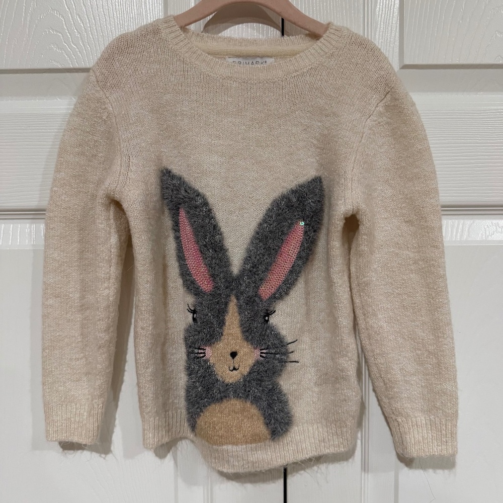 Primark Girl's Fuzzy Bunny Sweater Beige Knit Style 4-5 Years